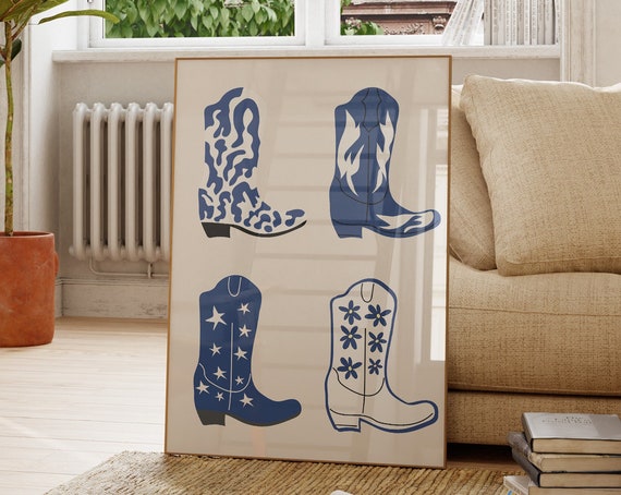 Cowboy Boots Print Western Art Print Minimalist Western Poster Western Boho Wall Art Wild West Print Blue Retro Art 1 Print