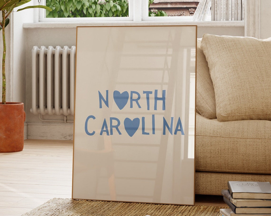 North Carolina Heart Lettering Blue Minimalist State Typography Poster