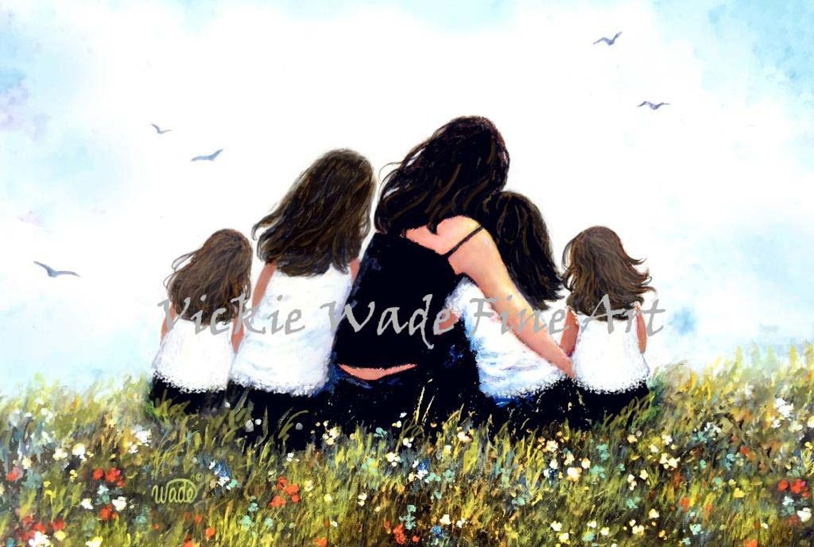 Mother Hugging Four Daughters Together In A Sunny Meadow Poster