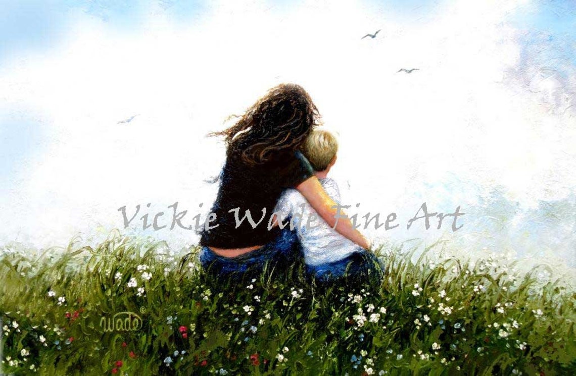 Mother and Son Resting Together in a Wildflower Field Poster