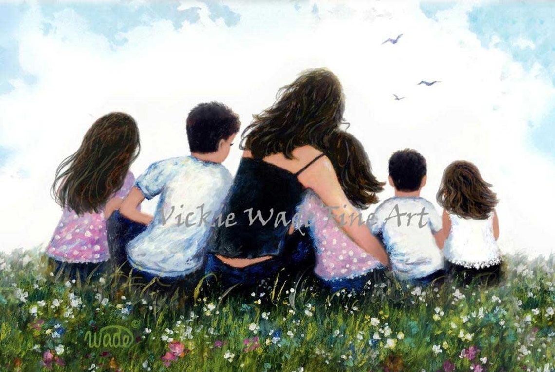 Mother Embracing Her Five Children in a Wildflower Meadow Poster