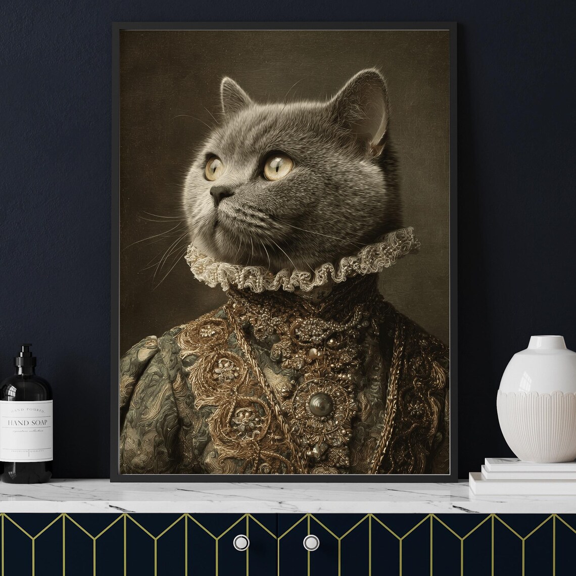 British Shorthair Cat Victorian Royal Gown Lace Portrait Poster