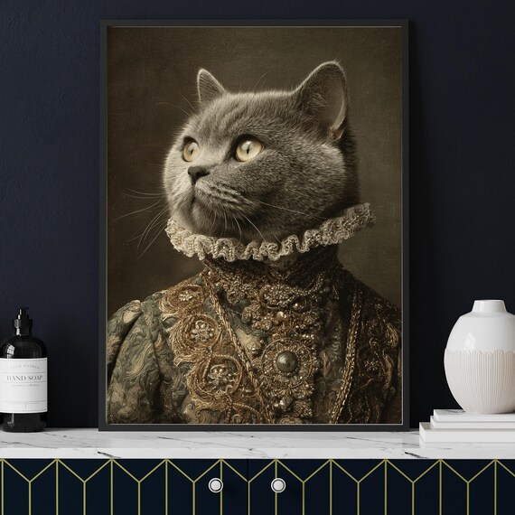 British Shorthair Cat Victorian Royal Gown Lace Portrait Poster