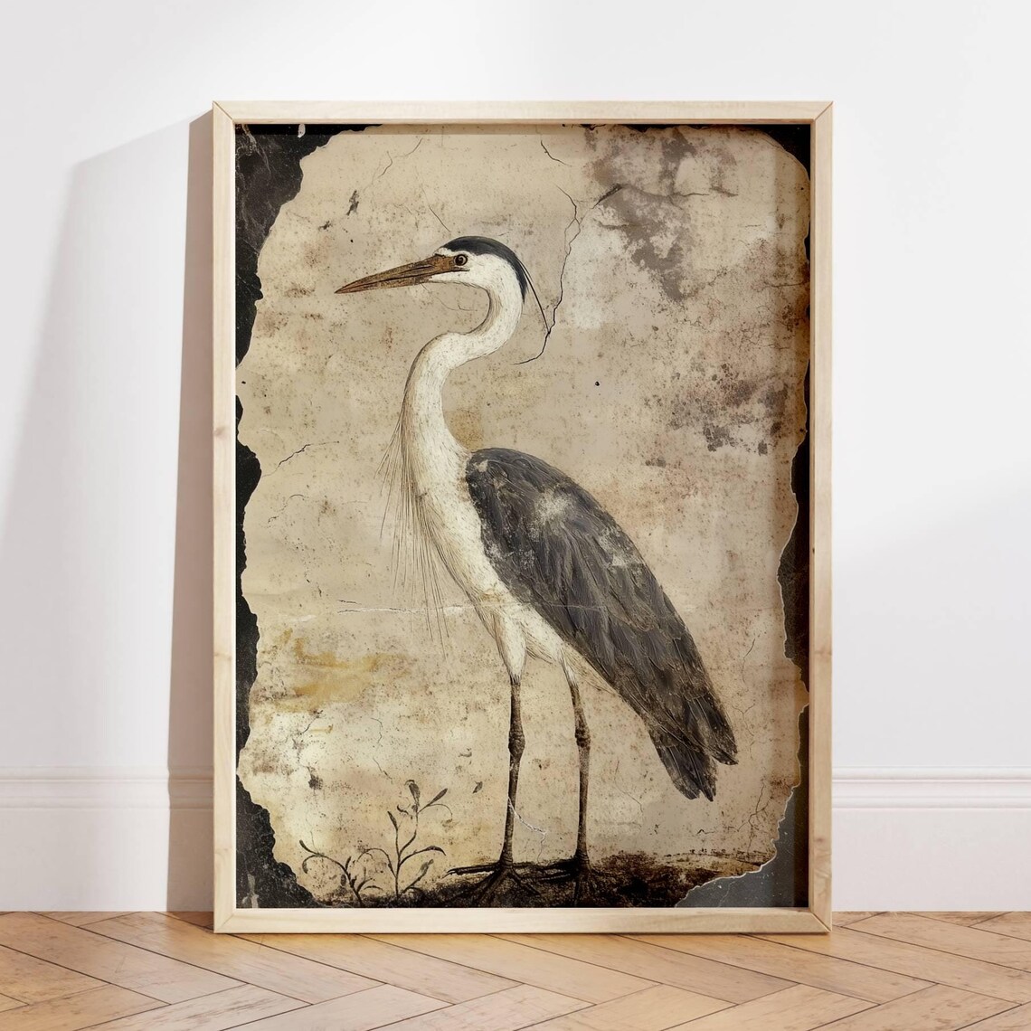 Grey Heron Vintage Roman Fresco Style Bird Illustration Poster
