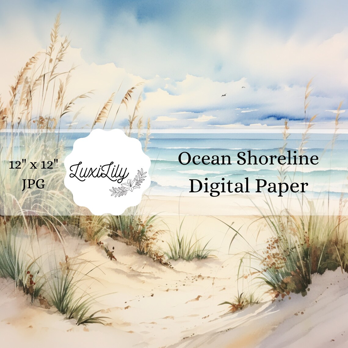 Ocean Shoreline Digital Paper Beach Dunes Watercolor Scene Print