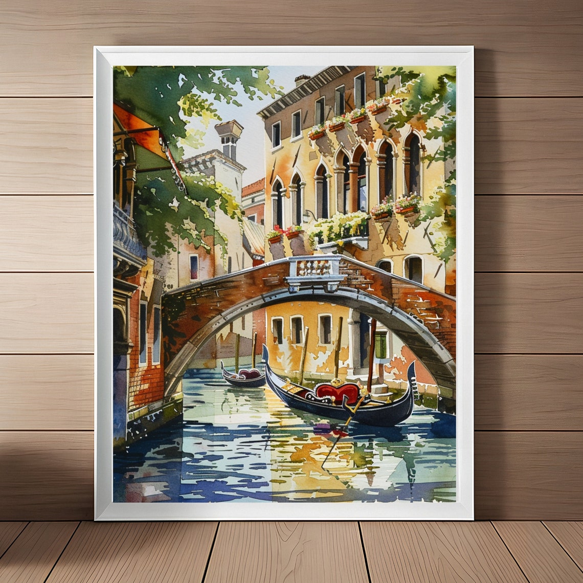 Venice Gondolas Gliding Beneath Brick Bridge Watercolor Poster