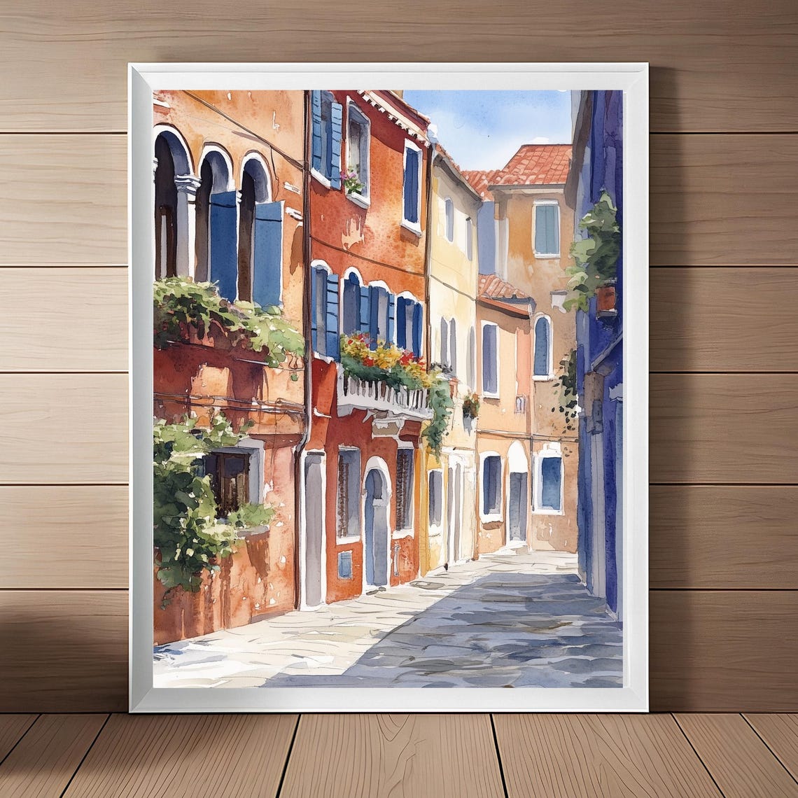 Venice Colorful Houses Blue Shutters Flower Balcony Watercolor Poster