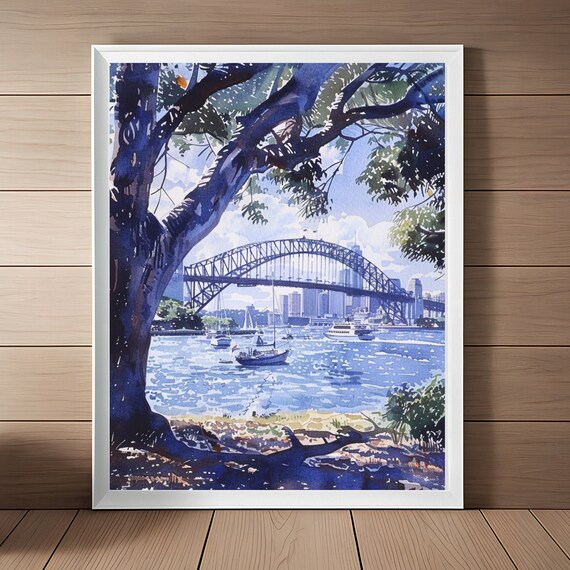 Sydney Harbour Bridge Watercolor Boats Viewed Through Trees Poster