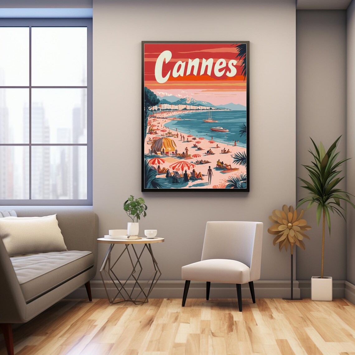 Cannes Beach Scene Retro Art Print, Sunset Coastline - Image 3