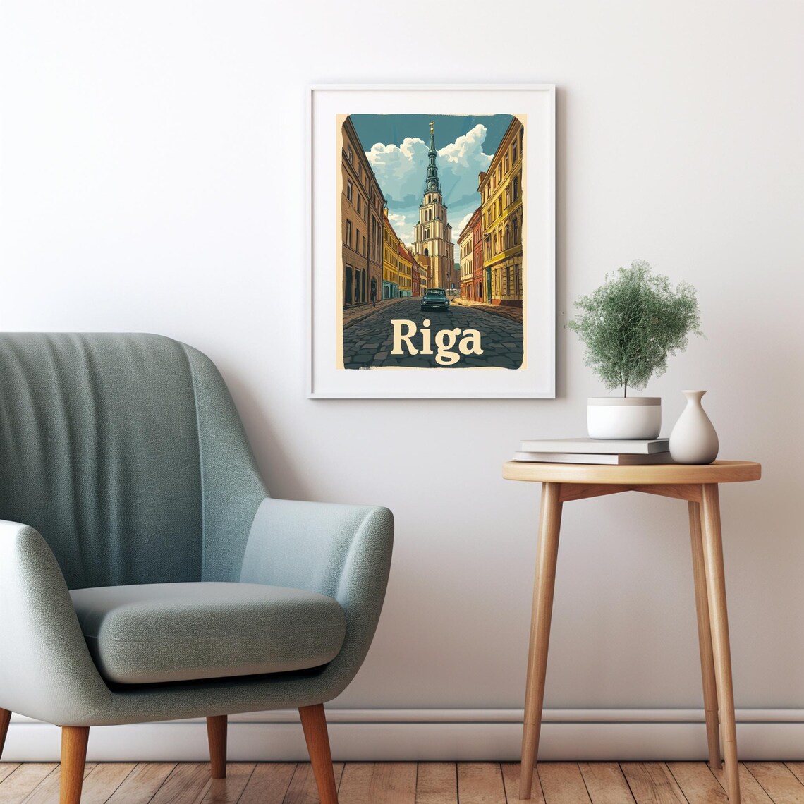 Vintage Riga St Peter's Tower Cobblestone Street Travel Poster - Image 2