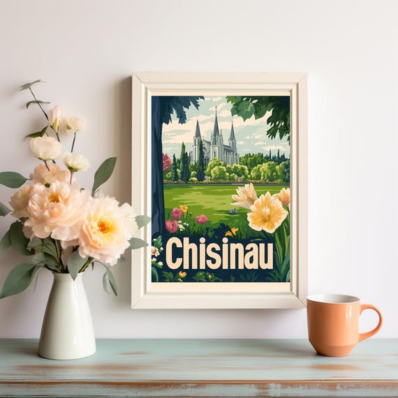 Chisinau Park Scene Vibrant Gothic Architecture And Colorful Blooms In A Vintage Travel Poster Style Art Print