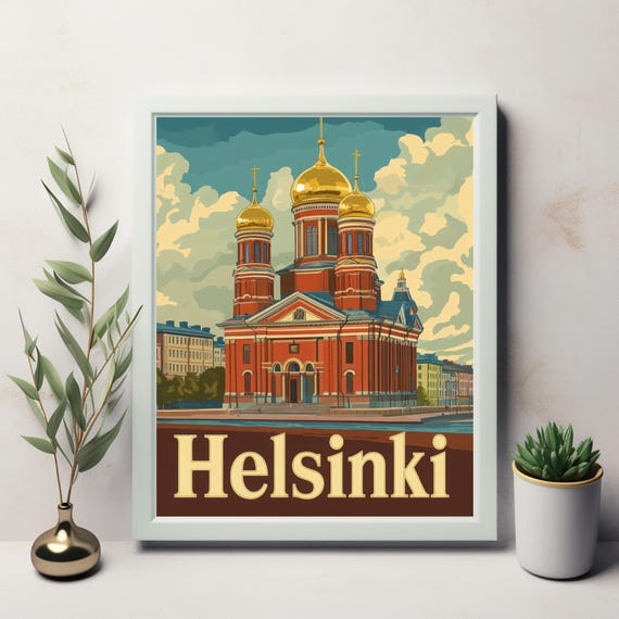 Helsinki A Vintage Travel Poster Illustration Of A Magnificent Russian Orthodox Cathedral With Golden Domes