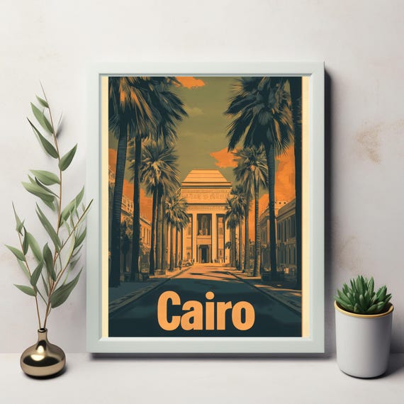 Vintage Cairo Street Art Print Lush Palm Trees And Intricate Architecture In Warm Orange And Teal Nostalgic Travel Poster
