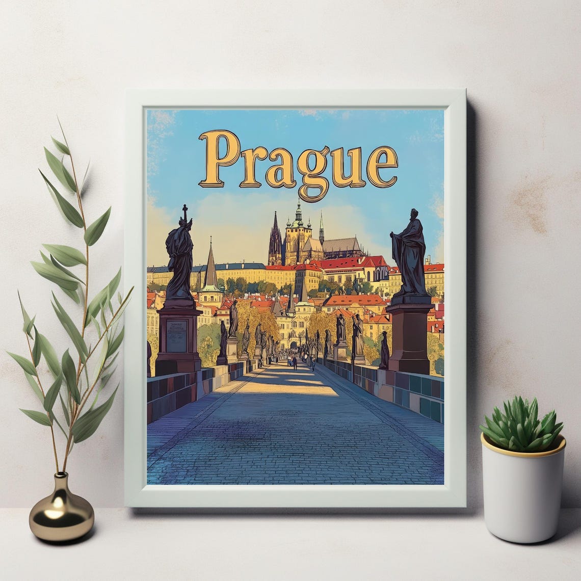 Vibrant Charles Bridge In Prague Stunning Art Print With Bold Golden And Charming Cityscape Background