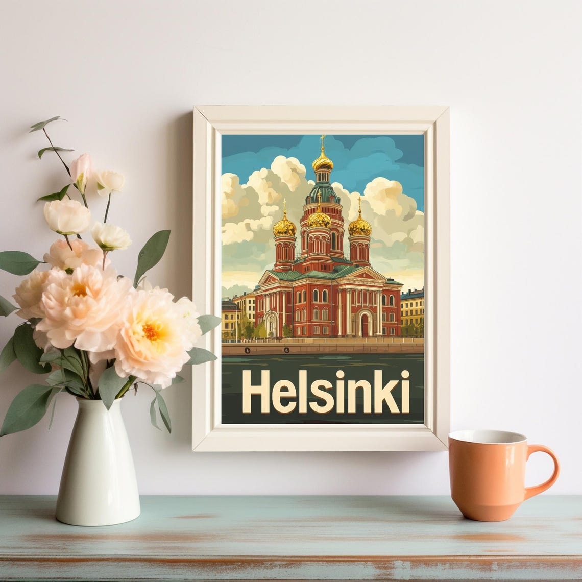 Vibrant Helsinki Cathedral Illustration A Nostalgic Travel Poster With Reflection In Water And Serene Sky - Image 3