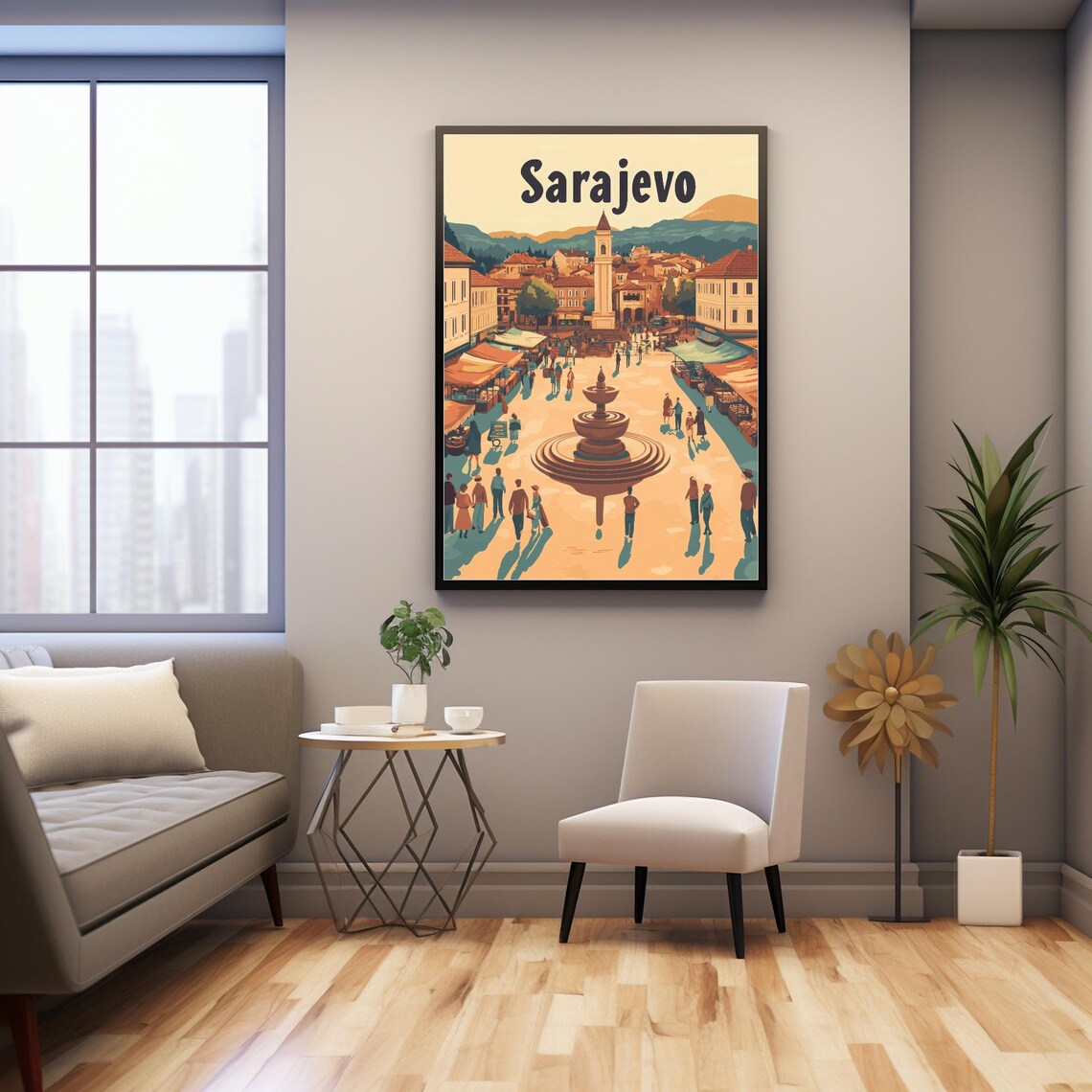 Sarajevo Square, Nostalgic City Life Illustration - Image 2