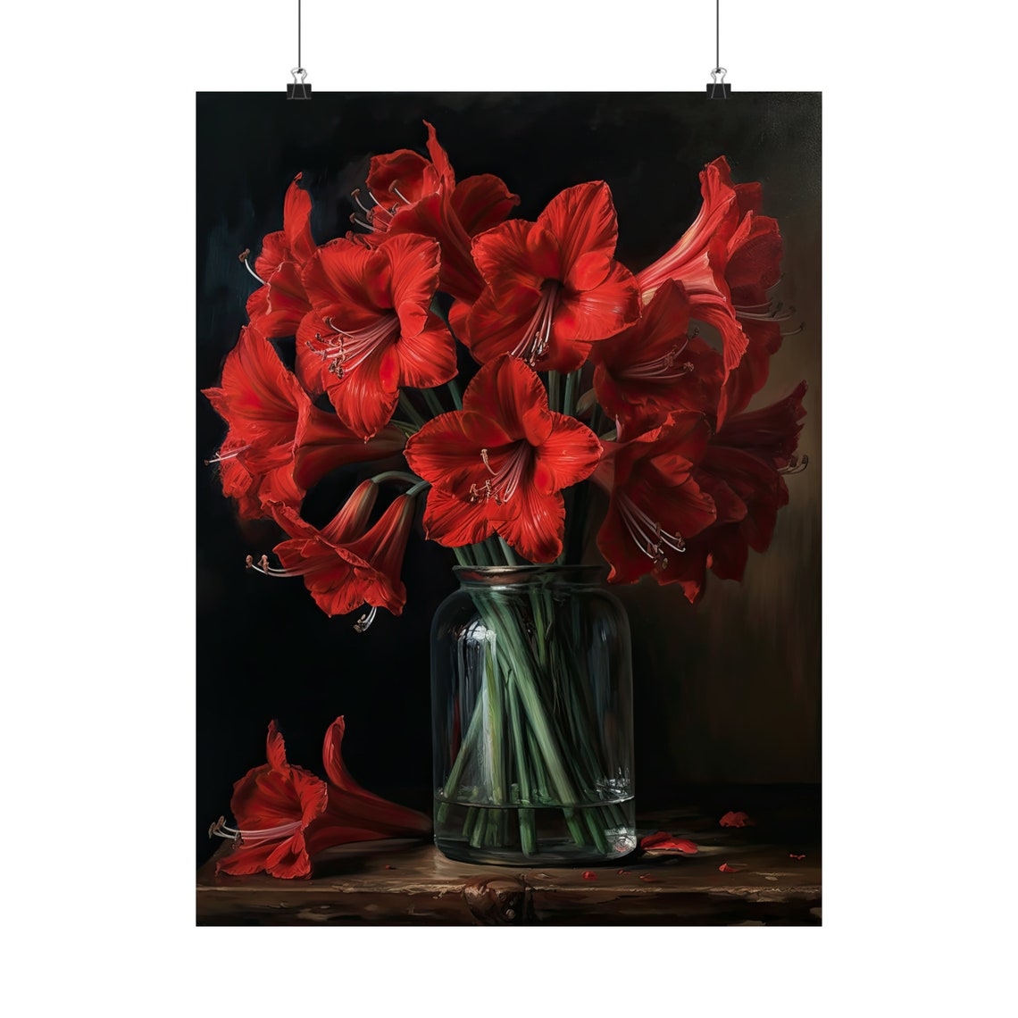 Red Amaryllis Flowers Dark Still Life Glass Vase Scarlet Art Print - Image 5
