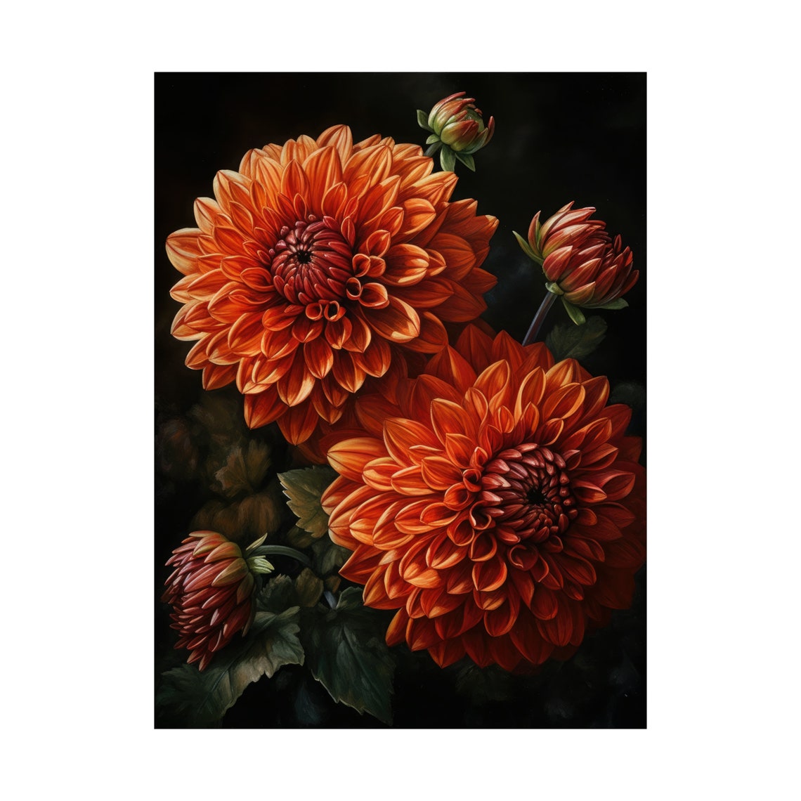 Rust Orange Dahlia Blooms Dramatic Dark Floral Botanical Art Print - Image 4