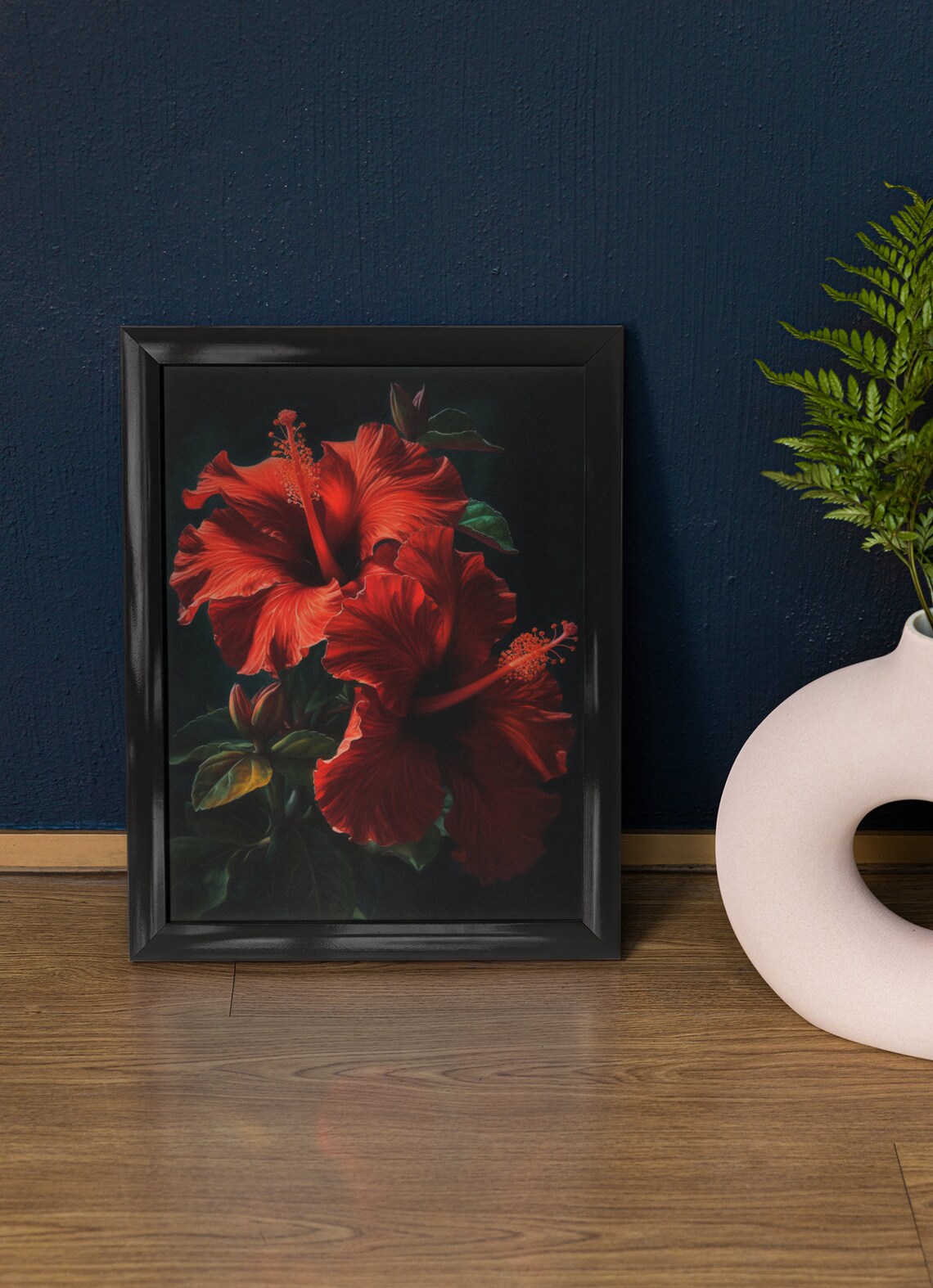 Scarlet Red Hibiscus Blooms Dark Background Floral Fine Art Poster