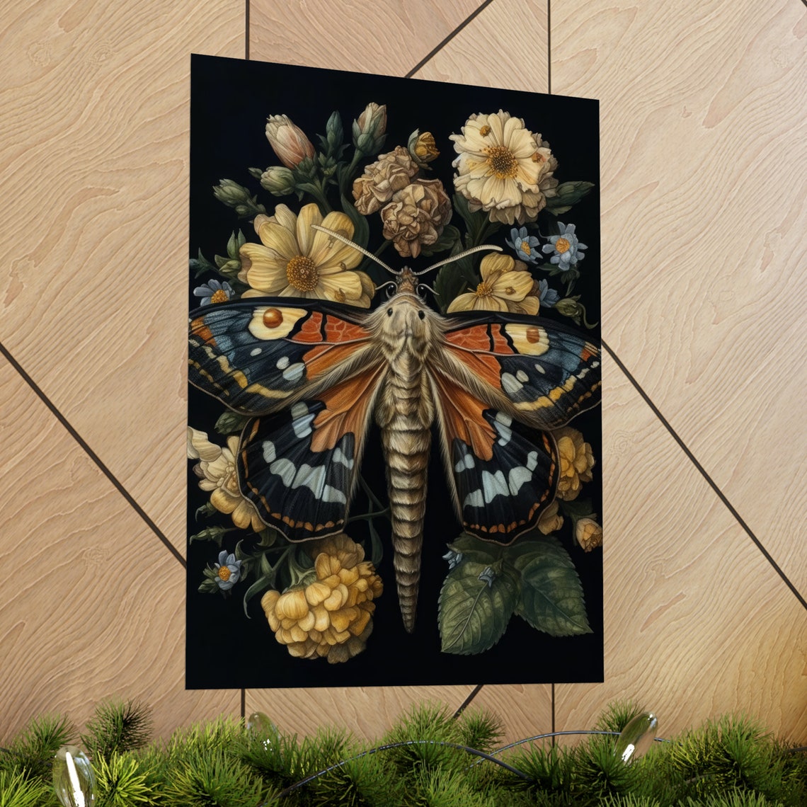 Dark Academia Colorful Moth Golden Floral Gothic Night Poster - Image 2