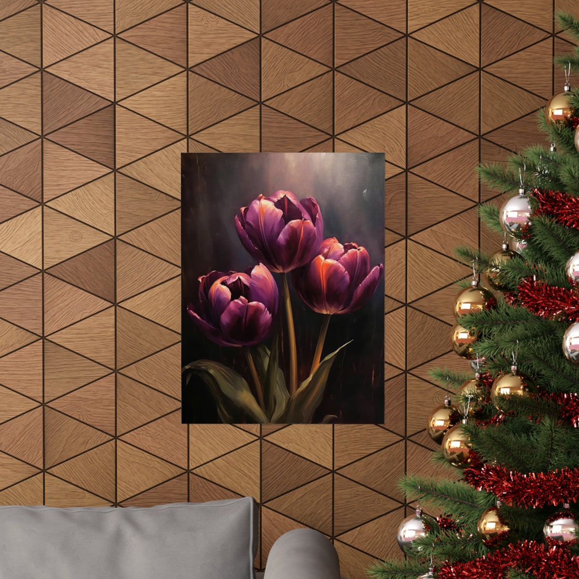 Three Purple Tulips Dramatic Spotlight Dark Moody Floral Wall Art - Image 3