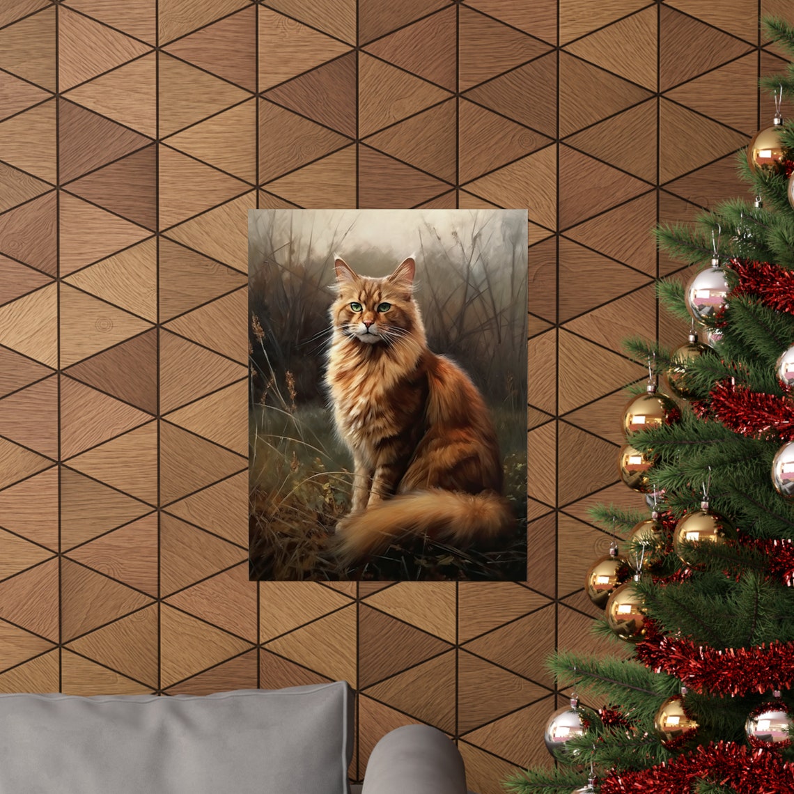 Somali Cat Sitting In Misty Meadow Long Fluffy Tail Portrait Art Print - Image 3