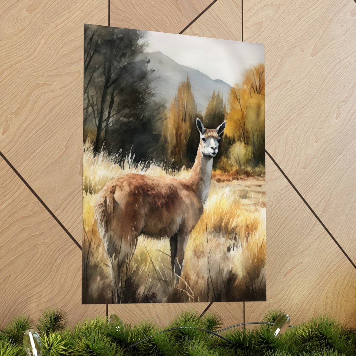 Llama Golden Meadow Mountain Backdrop Watercolor Animal Art Print - Image 2