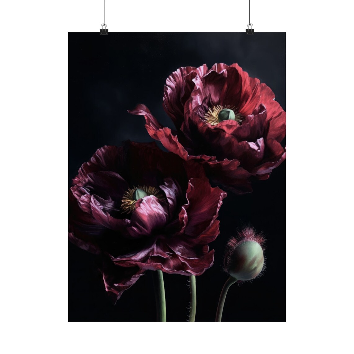 Burgundy Poppy Flowers Dark Moody Botanical Oil Painting Art Print - Image 5