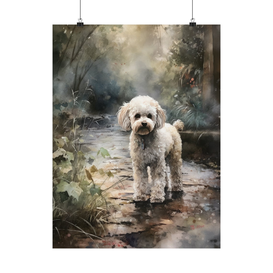 Cream Poodle Puppy Misty Garden Path Watercolor Cute Dog Art Print - Image 5