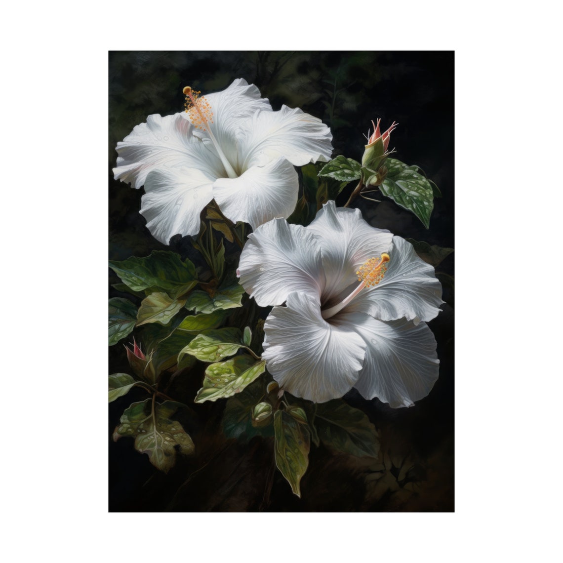 White Hibiscus Flowers Dark Background Tropical Fine Art Poster - Image 4