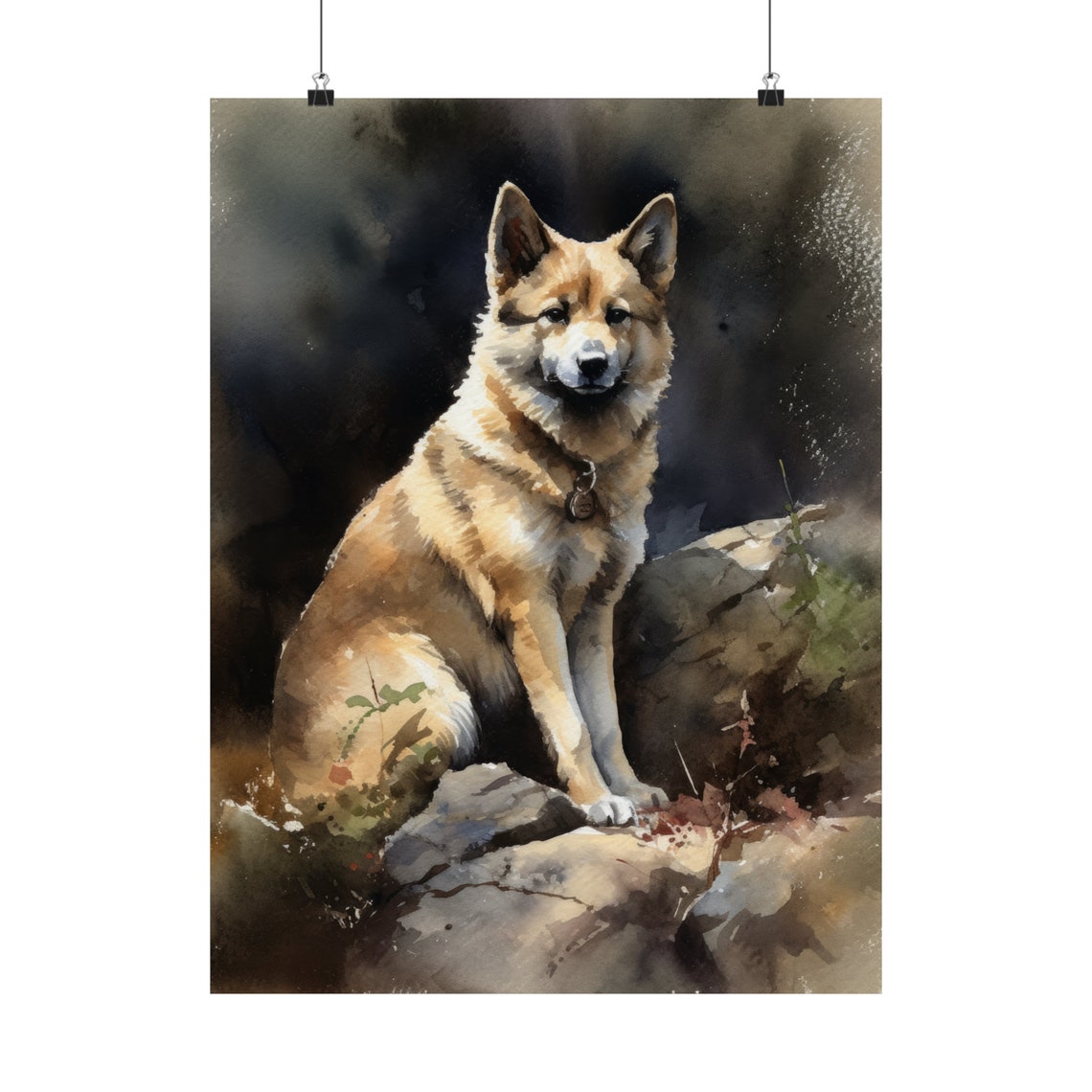 Norwegian Buhund Tan Spitz Dog Rocks Watercolor Portrait Poster - Image 5