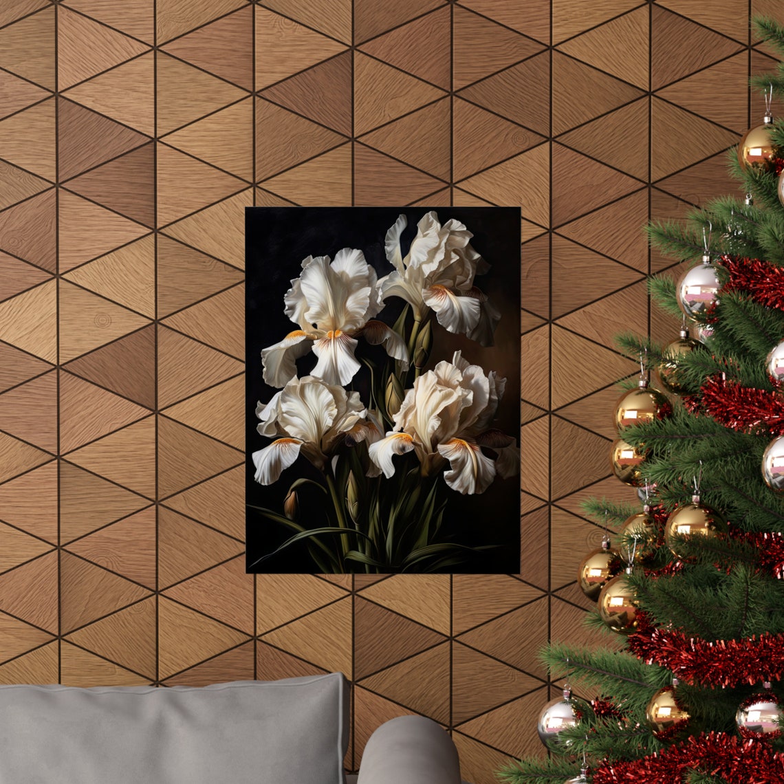 White Iris Blooms Golden Beards Dark Botanical Floral Art Print - Image 3