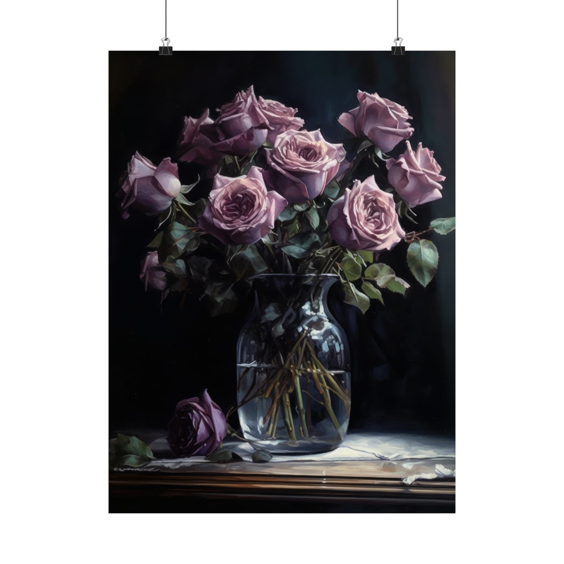 Mauve Rose Bouquet Glass Vase Shadowed Elegant Floral Art Poster - Image 5