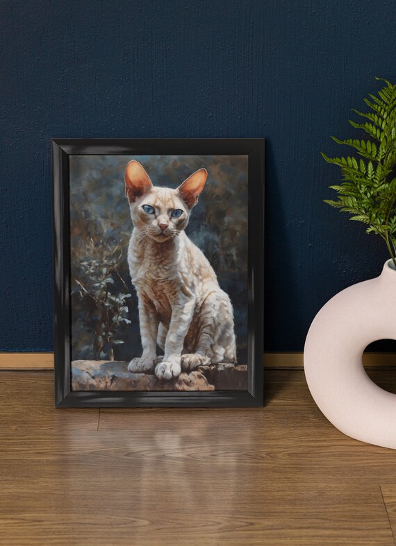 Devon Rex Cat Blue Eyes Portrait Wavy Cream Coat Rocks Feline Art Print