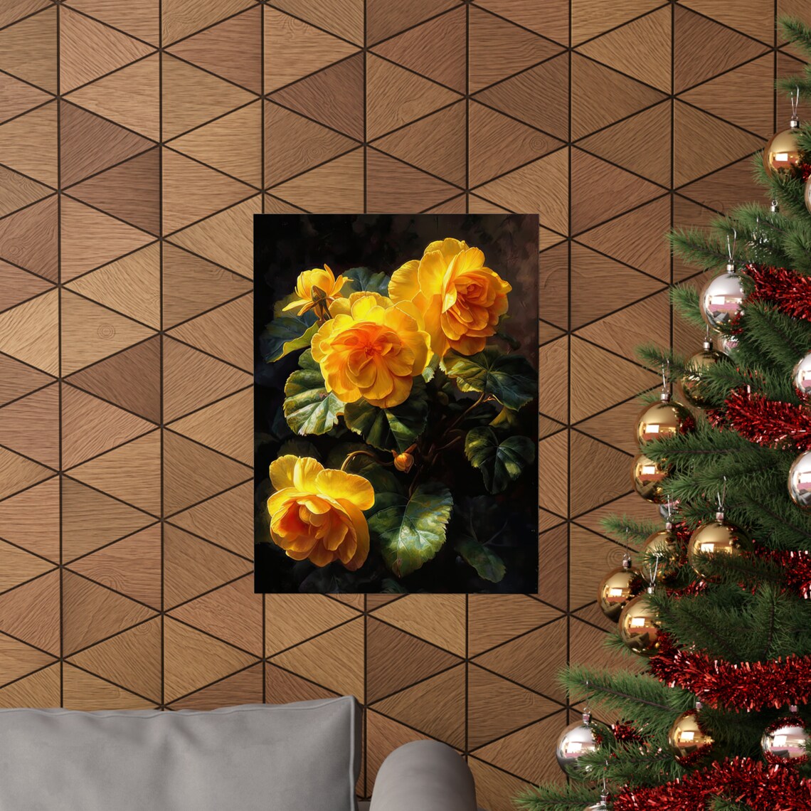 Yellow Begonia Blooms Dark Green Leaves Warm Golden Floral Poster - Image 3