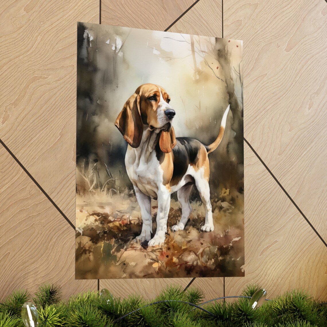 Basset Hound Dog Tricolor Watercolor Portrait Woodland Scene Poster - Image 2