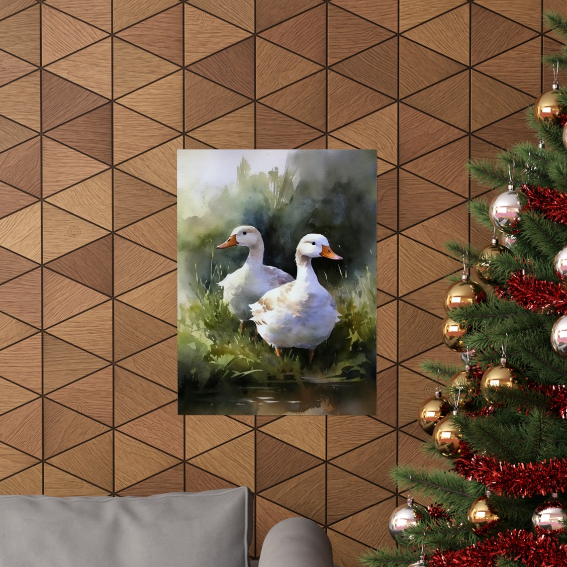 Two White Ducks Stream Bank Watercolor Peaceful Farm Art Wall Print - Image 3