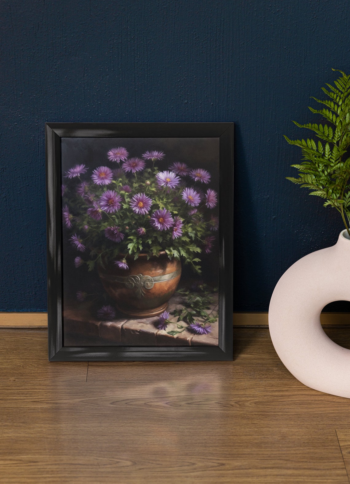 Lavender Aster Flowers Ornate Bronze Pot Still Life Floral Art Print