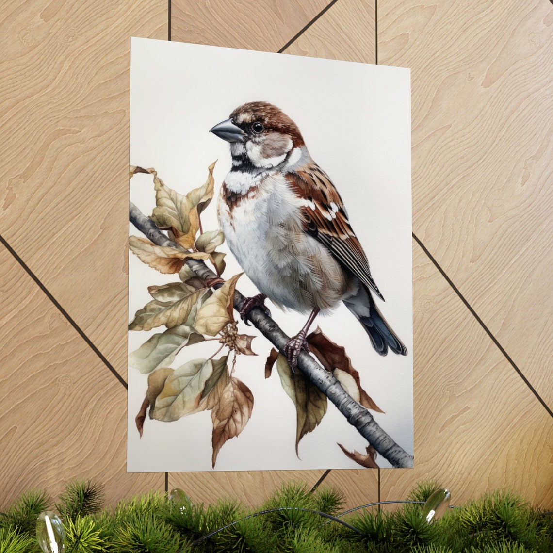 House Sparrow Bird Watercolor Perched Branch Autumn Leaves Art Print - Image 2