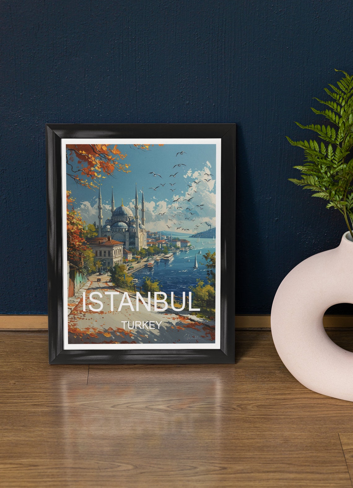 Istanbul Turkey Blue Mosque Waterfront Seagulls Travel Poster