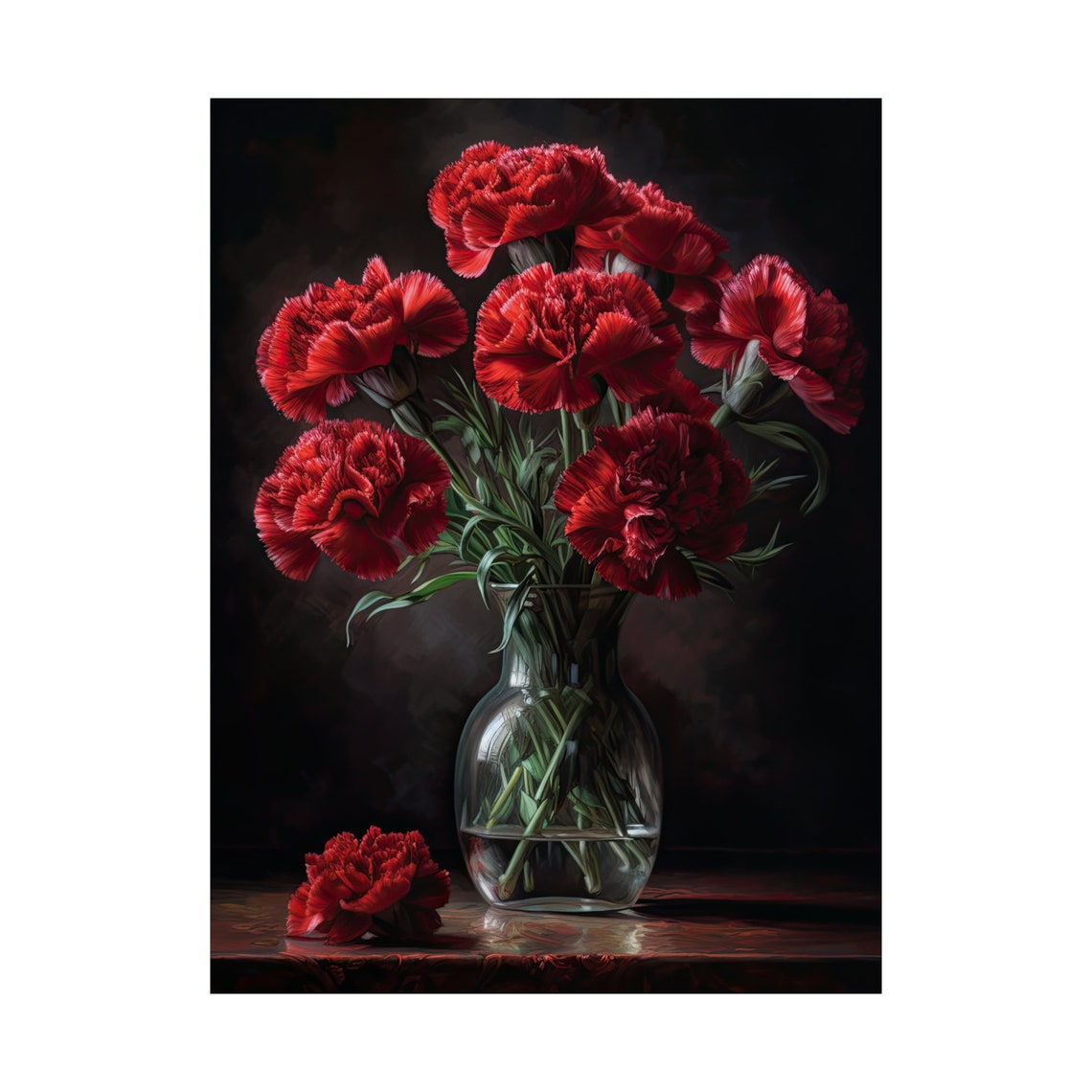 Red Carnation Bouquet Glass Vase Deep Shadowed Floral Art Poster - Image 4