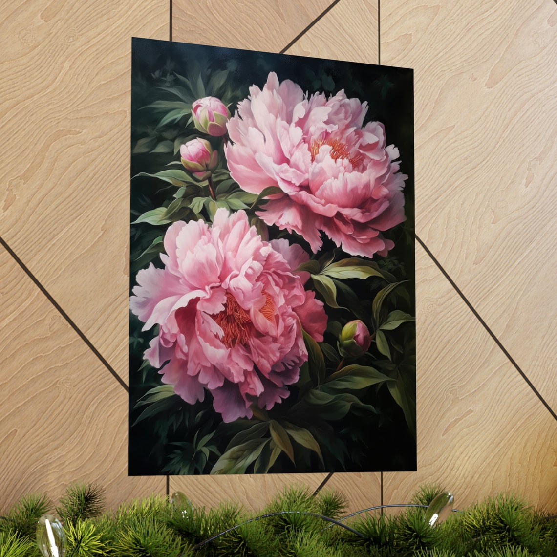 Pink Peony Blossom Blush Blooms and Buds Dark Botanical Art Poster - Image 2