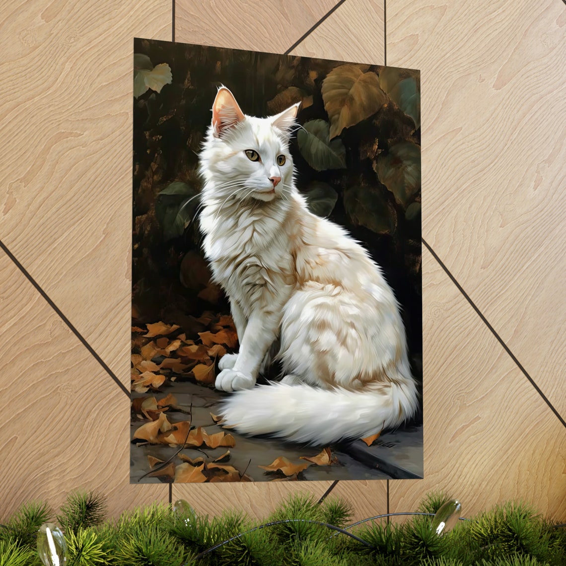 Turkish Angora White Longhaired Cat In Autumn Leaves Portrait Print - Image 2