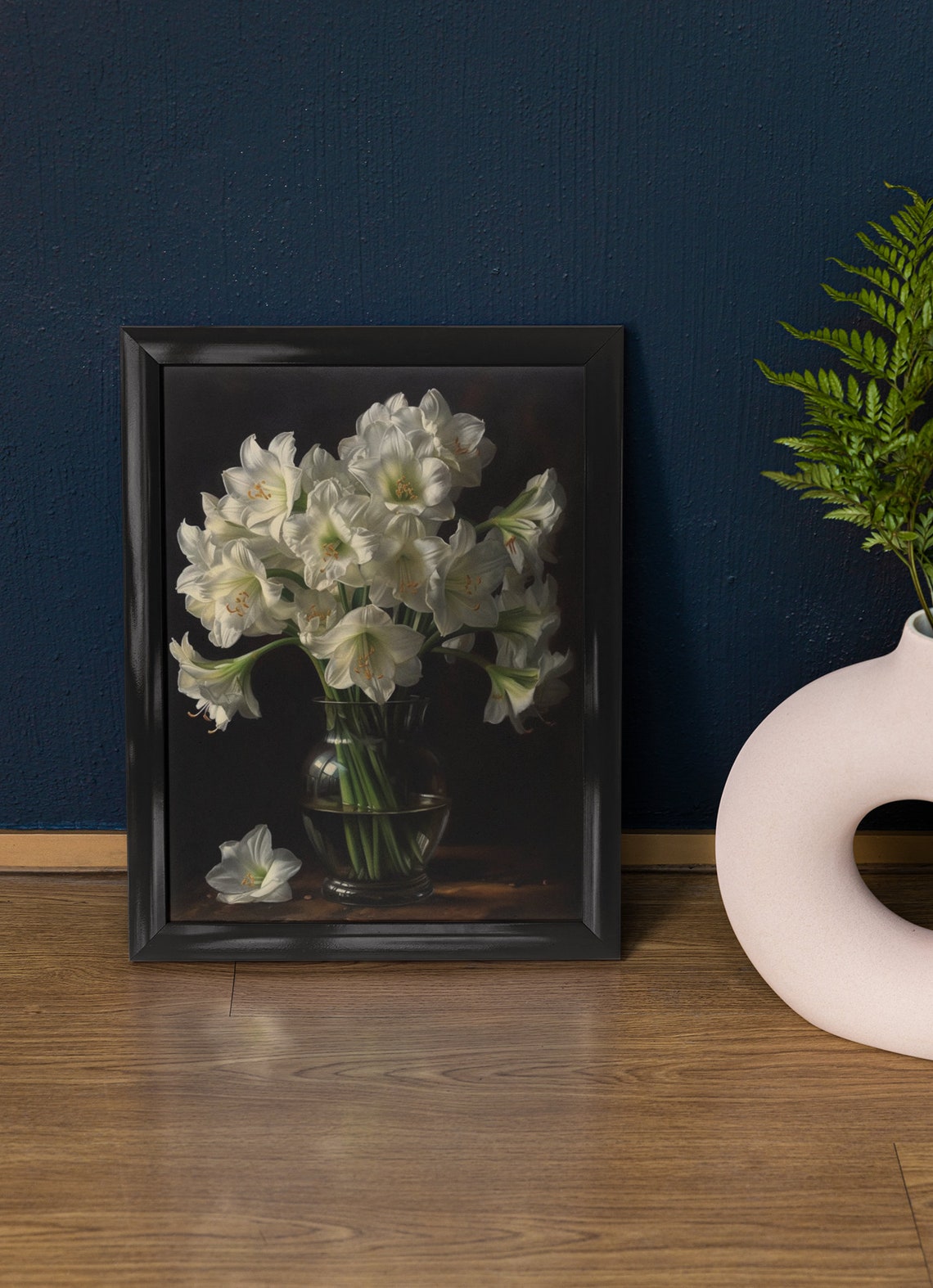 White Amaryllis Flowers Dark Still Life Fallen Bloom Art Print