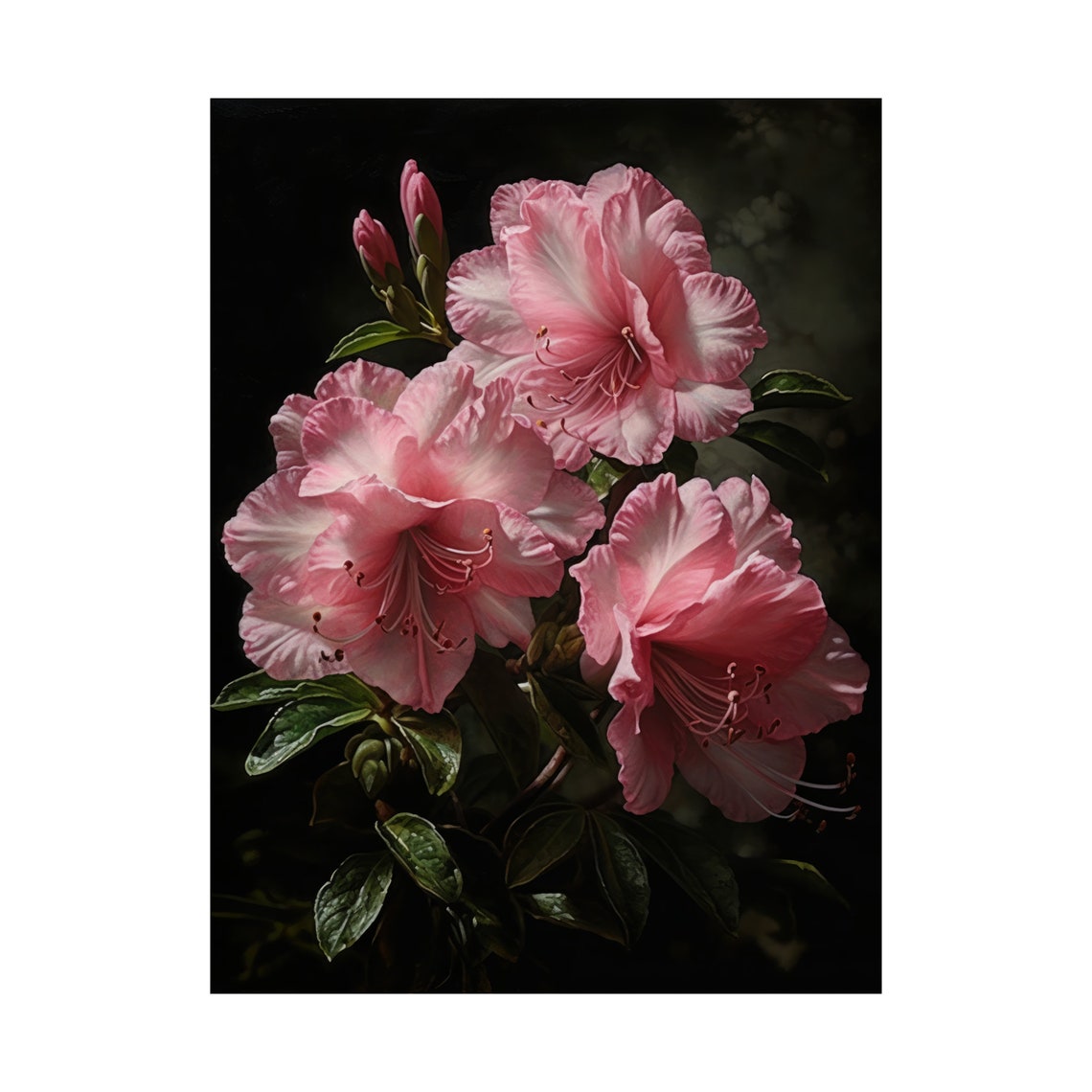 Pink Azalea Blossoms Moody Dark Botanical Floral Wall Art Print - Image 4