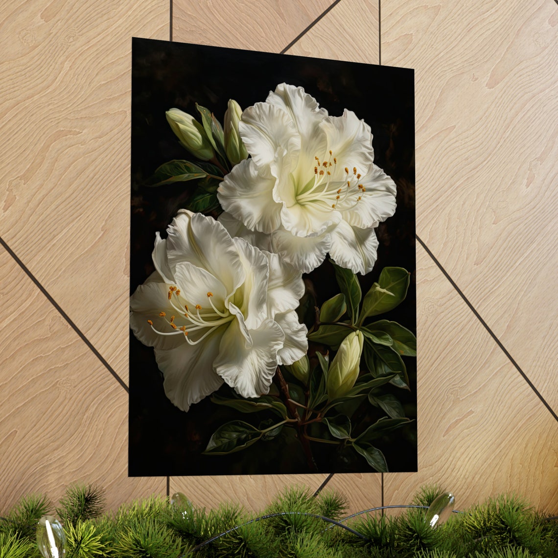 White Azalea Blooms with Buds Dark Moody Botanical Floral Art Poster - Image 2