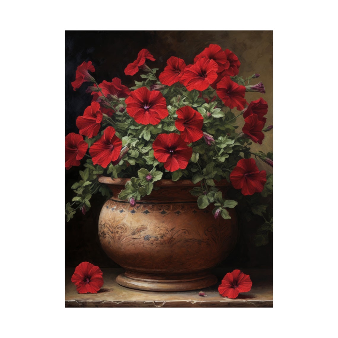 Red Petunias Decorative Urn Dark Moody Floral Still Life Poster - Image 4