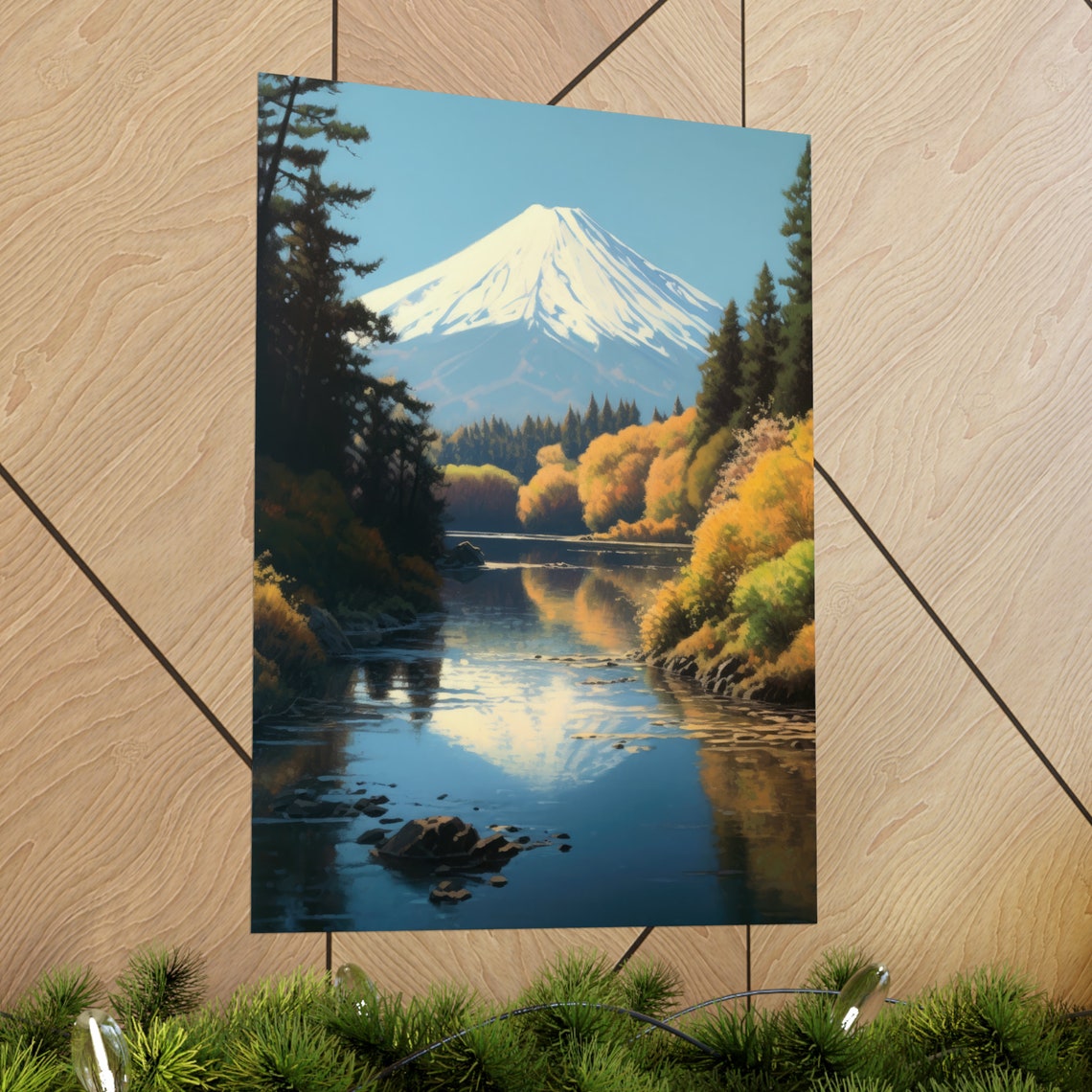 Mt Fuji Snow Capped Peak River Reflection Autumn Forest Travel Poster - Image 2