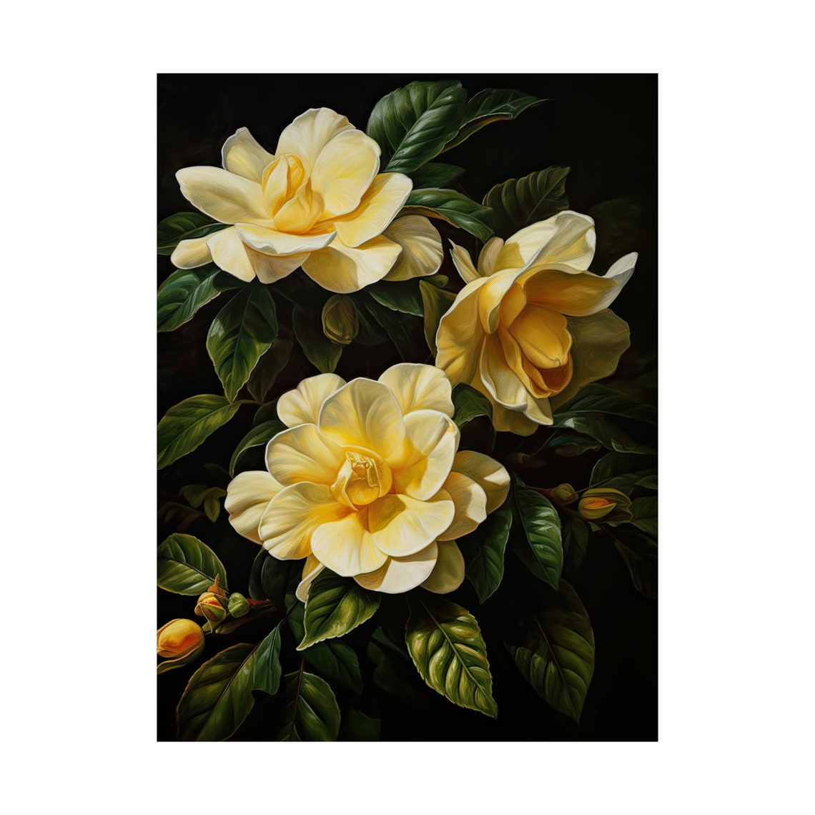Golden Yellow Gardenia Large Blooms Lush Dark Floral Wall Poster - Image 4