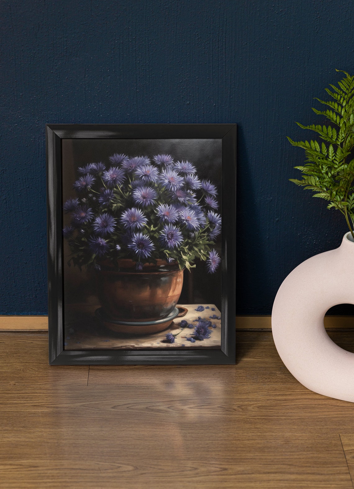 Blue Aster Blooms Bronze Pot Dark Moody Floral Still Life Poster